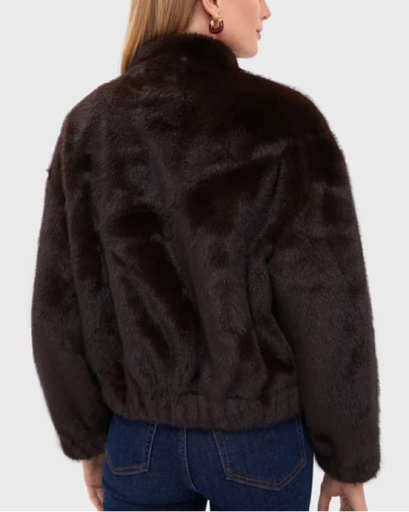 $600 Brown Faux Mink High Collar Bomber - Image 5