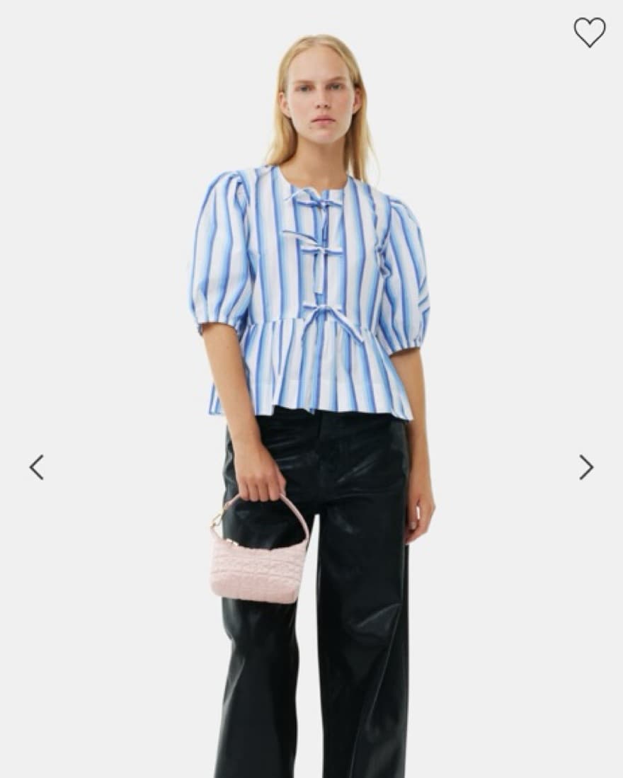 Ganni Blue Strped Cotton Tie Blouse  - Image 1