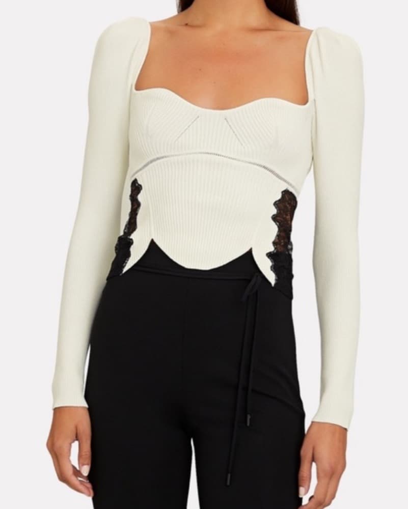 White Ribbed Knit Lace-Trimmed Top - Image 2