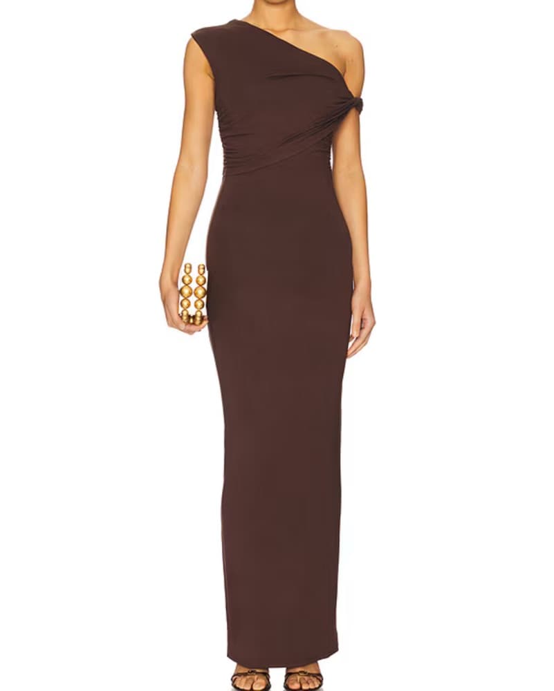 Elegant One-Shoulder Brown Maxi Dress - Image 1