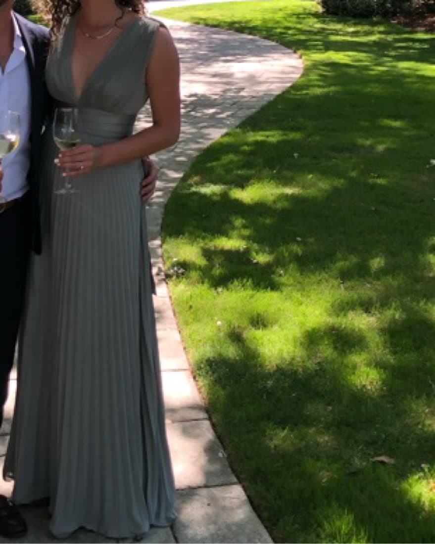 Olive/Sage Green Satin Long Pleat Dress - Image 4