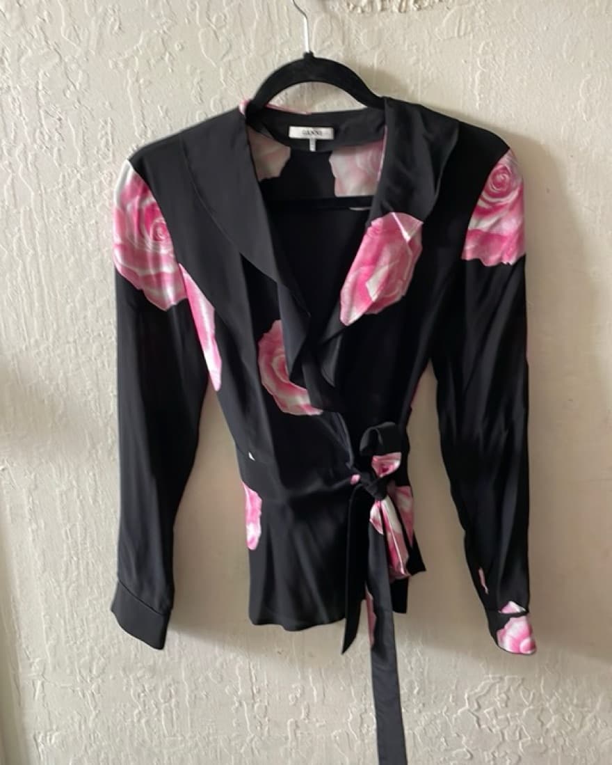 Ganni Black Pink Rose Silk Blouse - Image 1