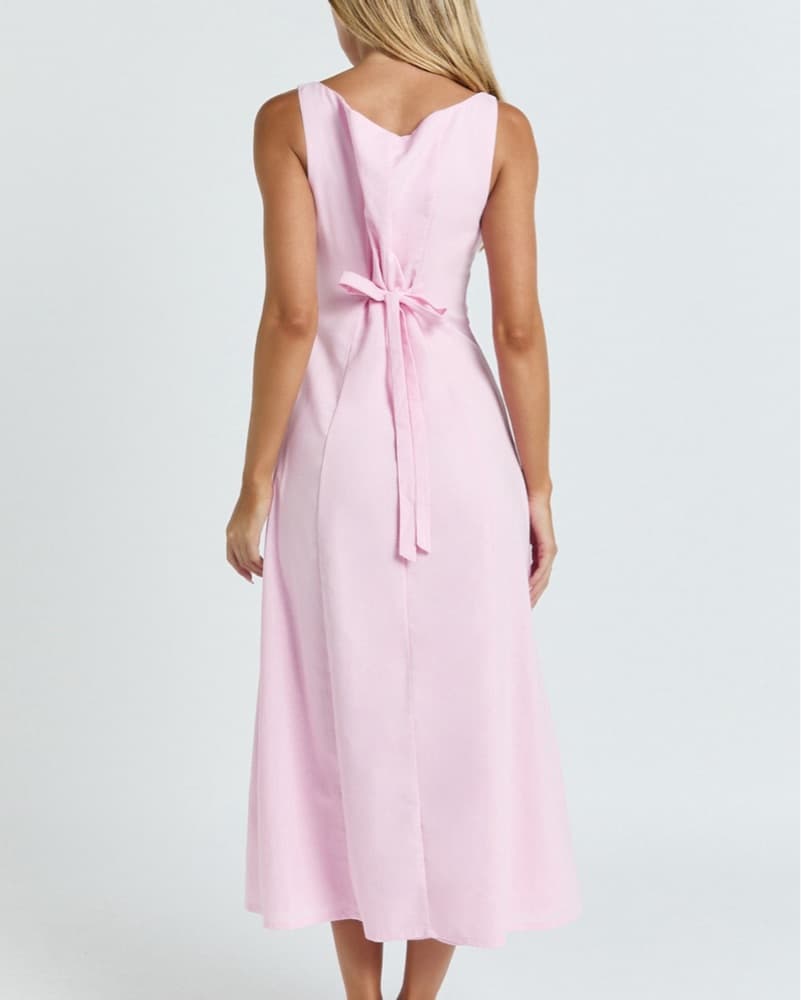Button Front Tie-back Midi Dress Pink  - Image 3