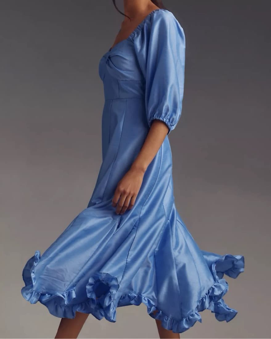 Blue Puff-Sleeve Ruffle-Hem Dress - Image 2