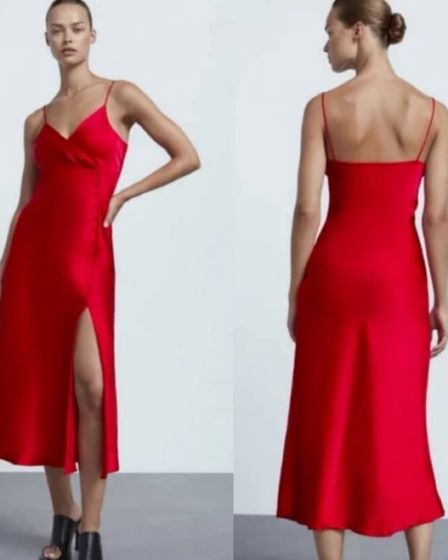 Red Satin Midi Zara Dress - Image 1