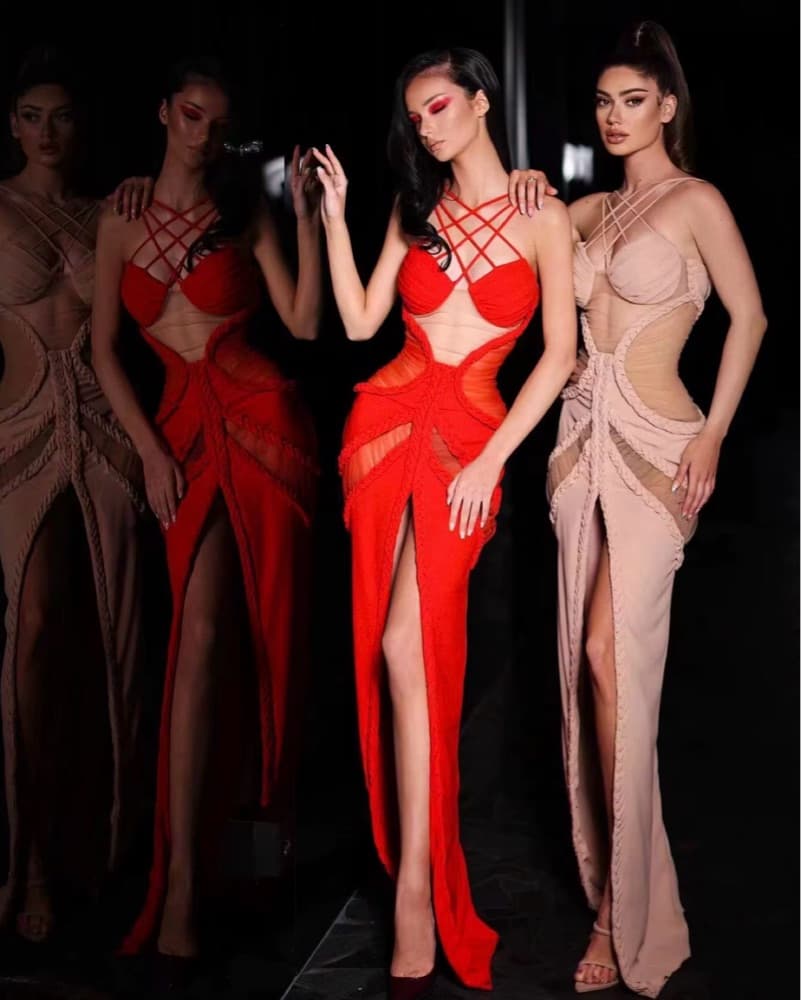 Captivating Red Halter Gown - Image 2
