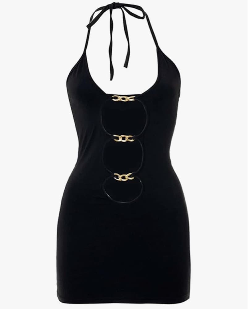 Black Bodycon Cutout Dress with Chains  - Image 1