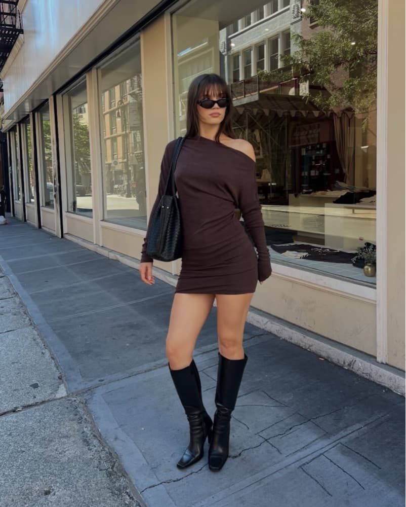Brown Off Shoulder Long Sleeve Dress  - Image 1