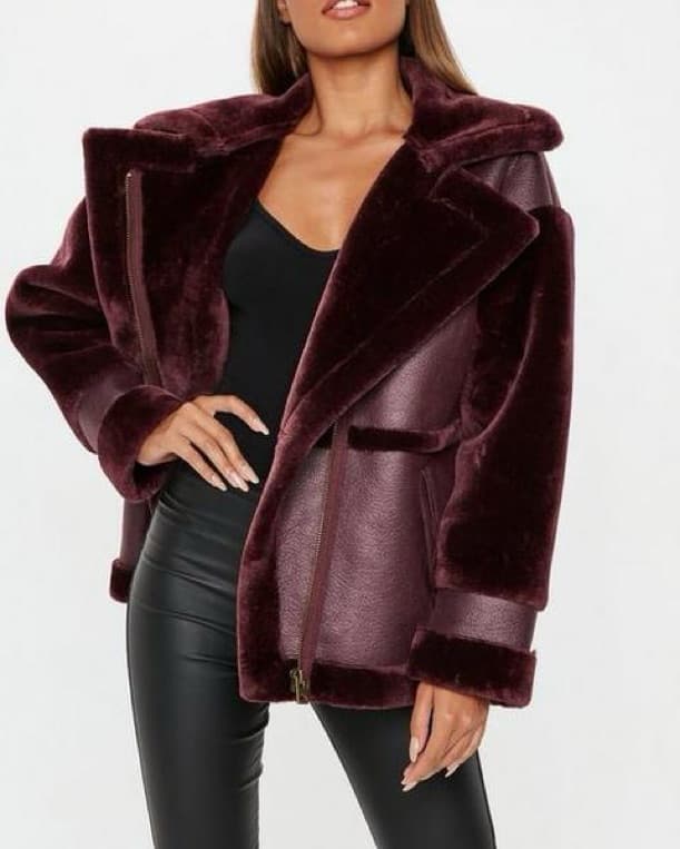 Burgundy Aviator Jacket Faux Fur Sleeve - Image 1