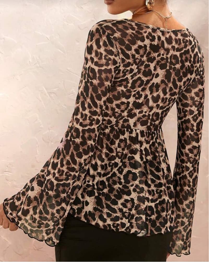 Leopard Print Tie-Front Peplum Top - Image 3