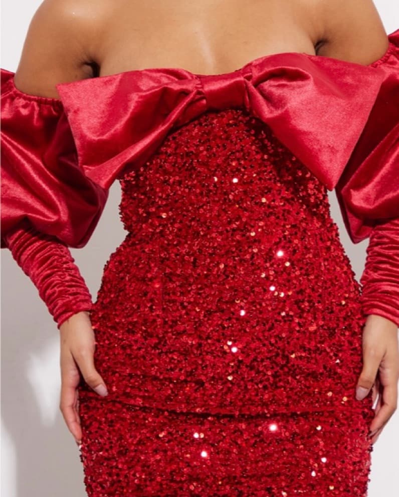 Red Sequin Velvet Bow Minu Dress - Image 2