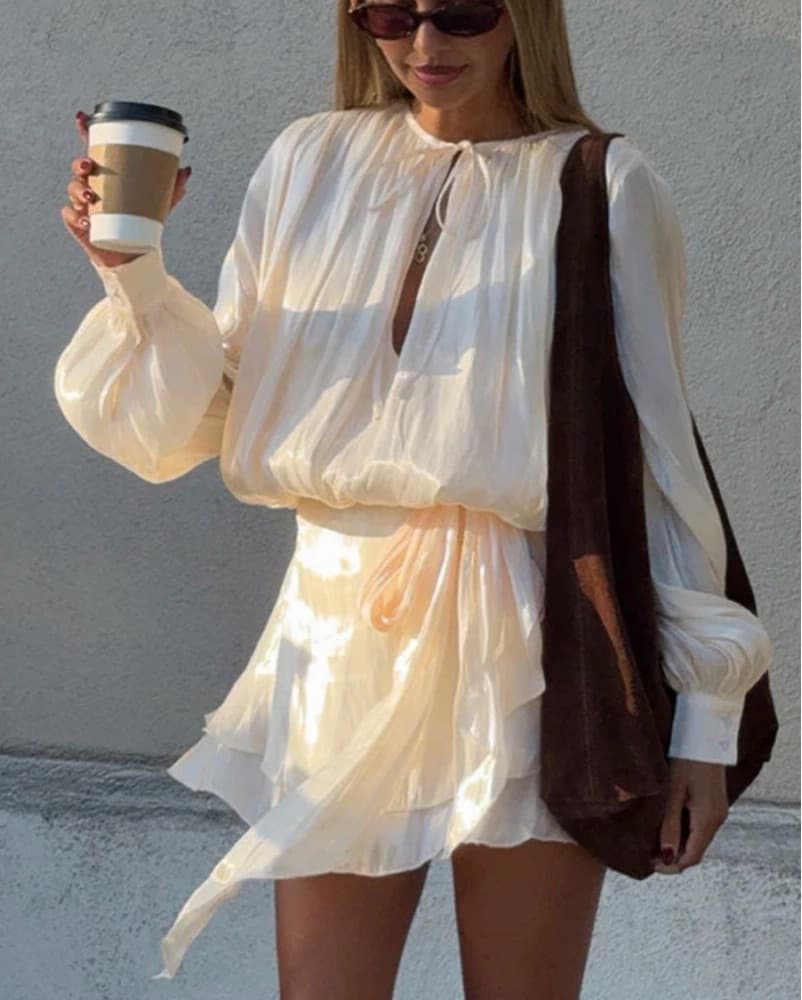 Flowy Satin Cream Long Sleeve Mini Dress - Image 2