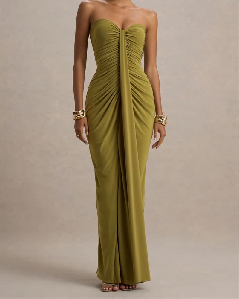 Olive Ruched Wrap Maxi Dress - Image 1