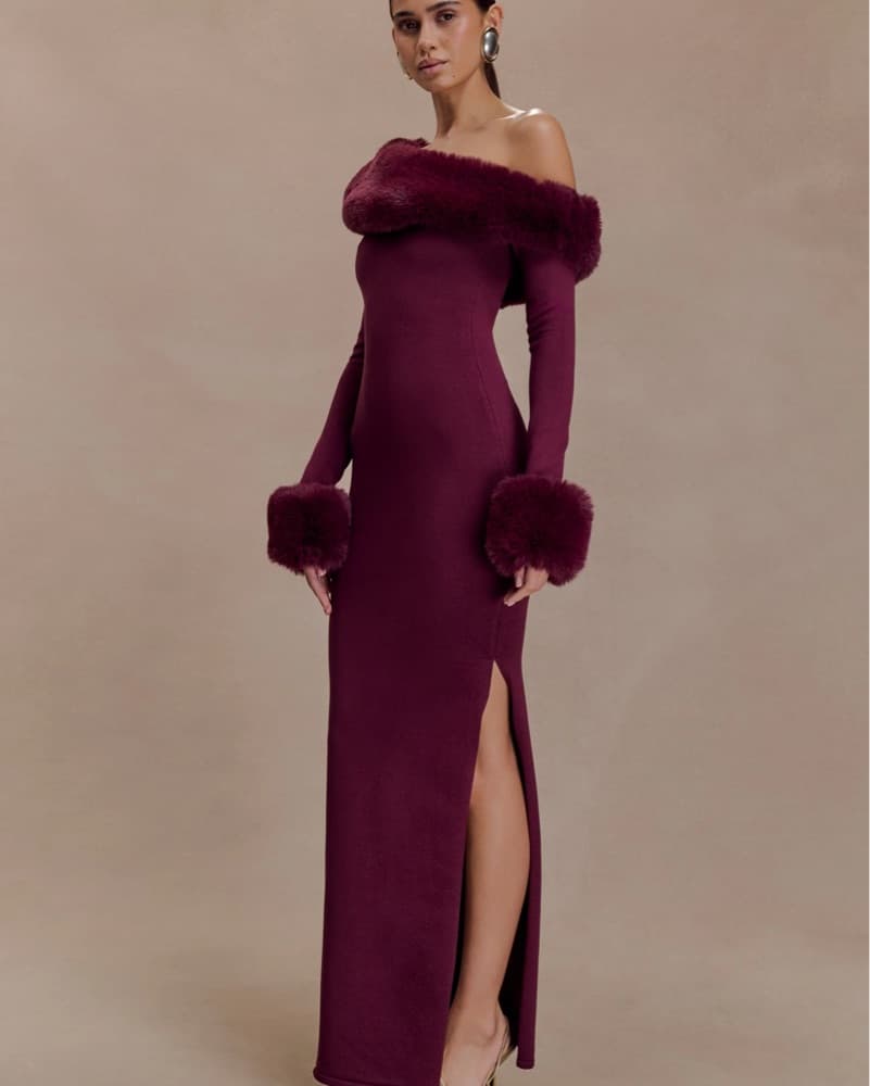 Luxurious Burgundy Faux Fur Maxi Dress - Image 1