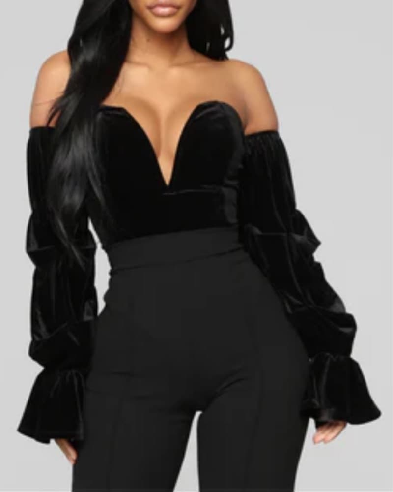 Black Velvet Off Shoulder Bodysuit - Image 2