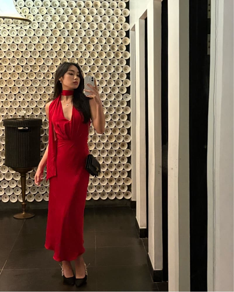 Red Midi Dress With Scarf - Image 2