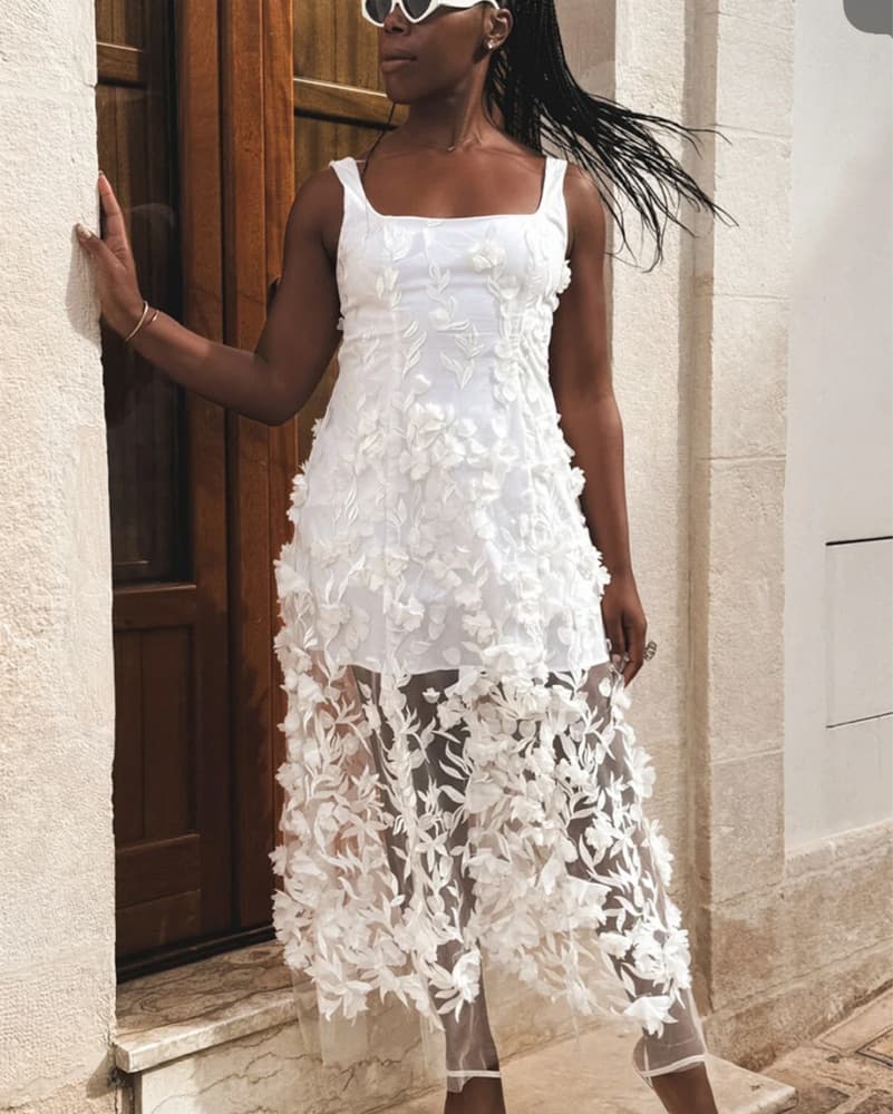 Floral 3D Embroidery White Dress  - Image 1