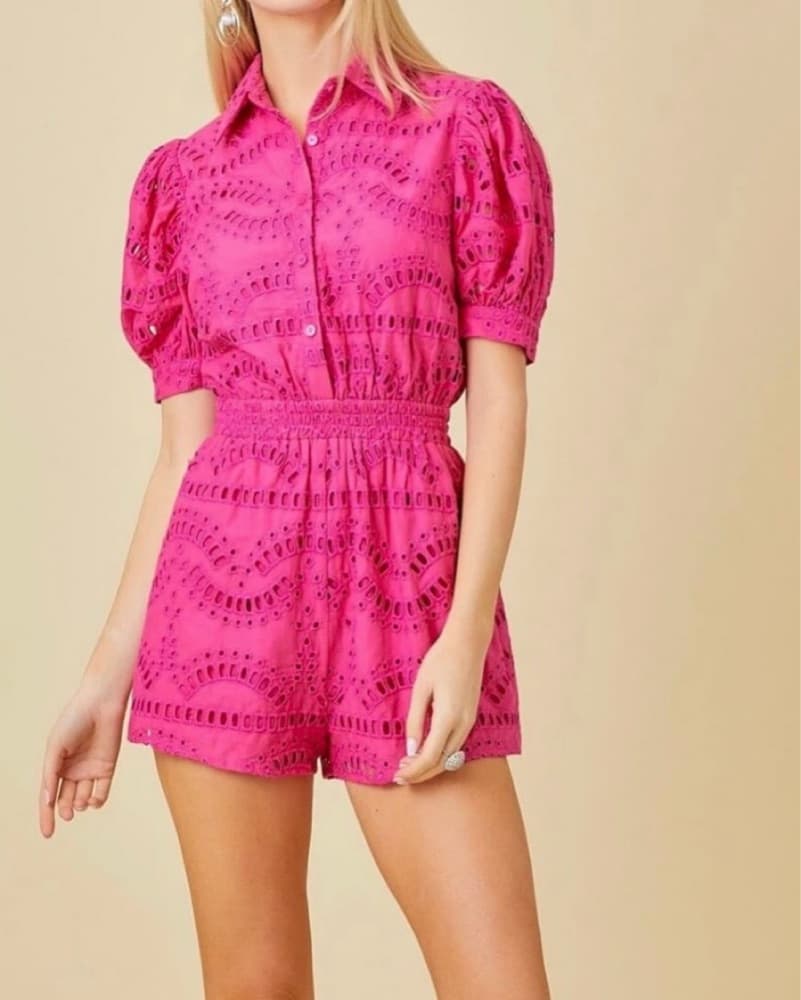 Vibrant Pink Eyelet Romper - Image 2