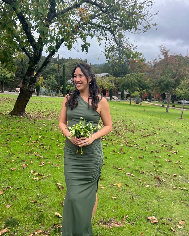 Elegant One-Shoulder Olive Gown - Image 2