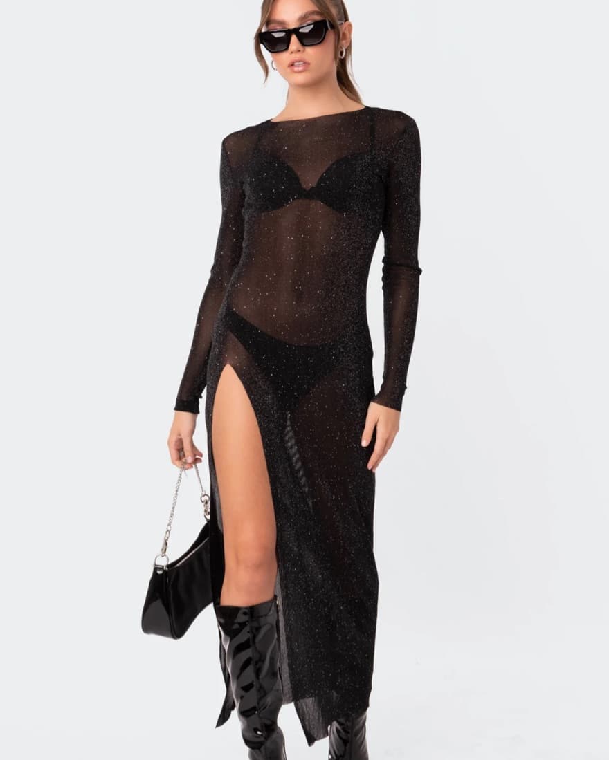 Black Glitter Mesh Dress - Image 3