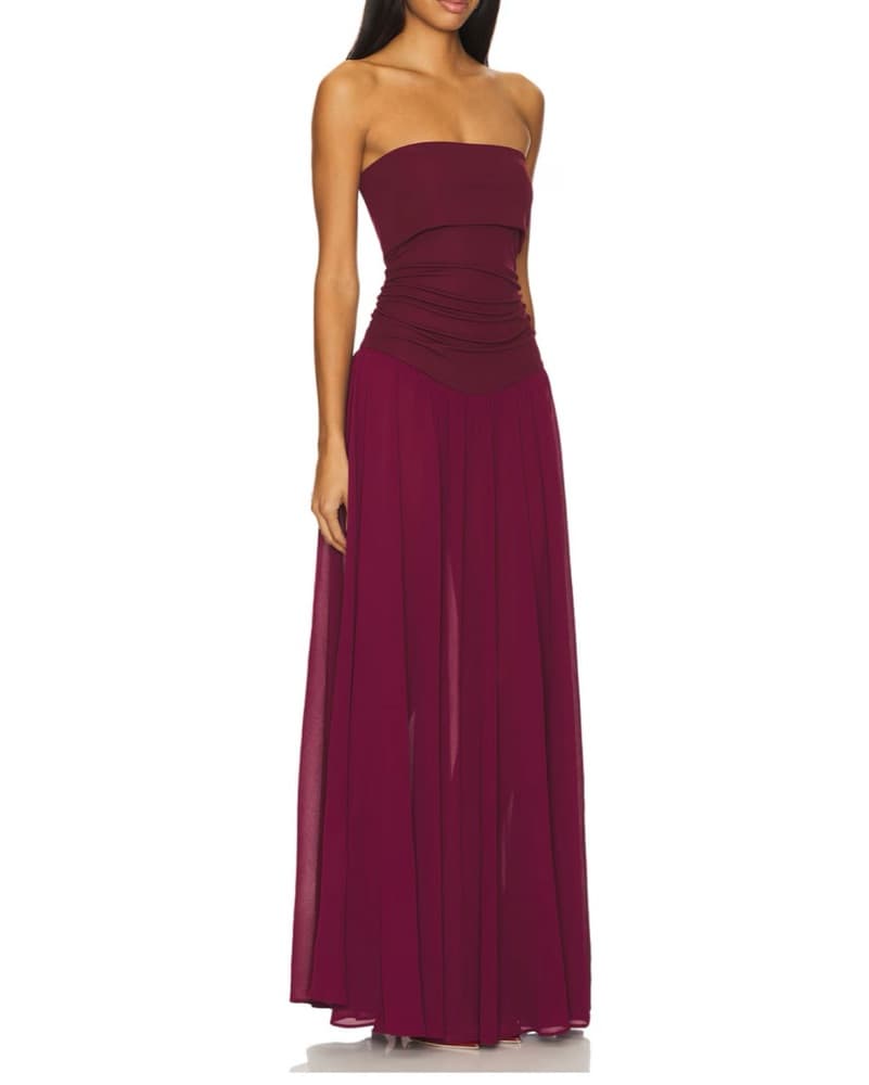 Elegant Burgundy Strapless Maxi Dress - Image 2
