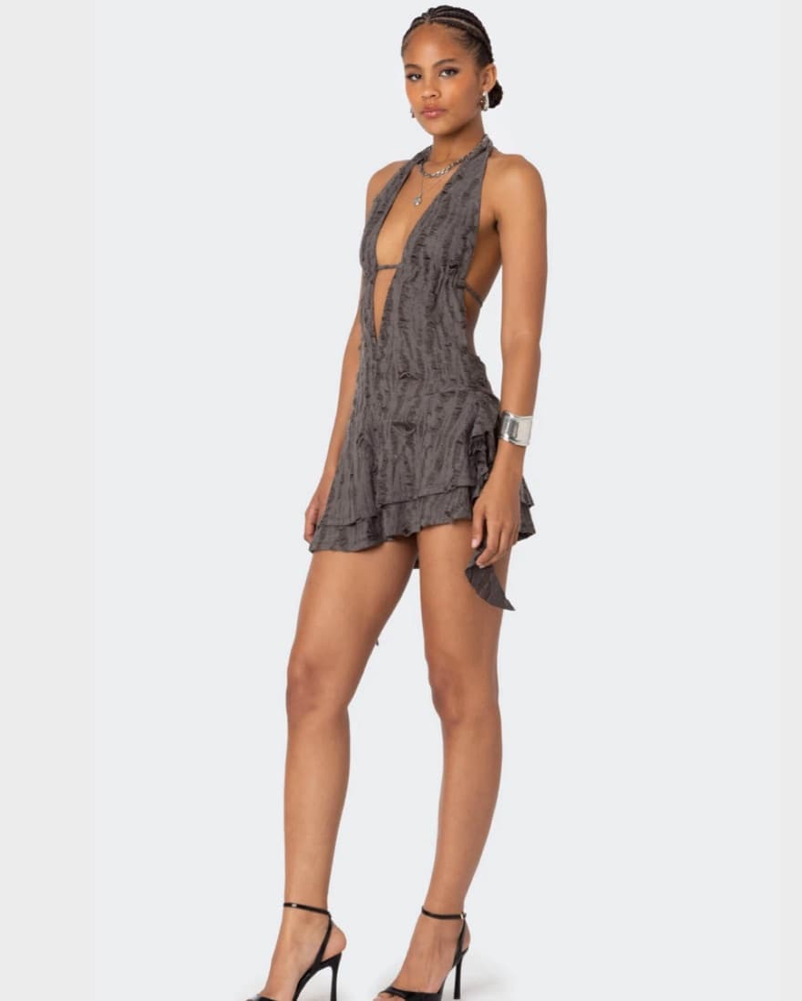 Shredded Backless Halter Mini Dress - Image 2