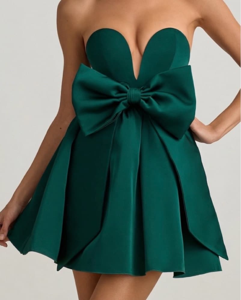 Bow-Detail Corset Mini Dress in Emerald  - Image 1