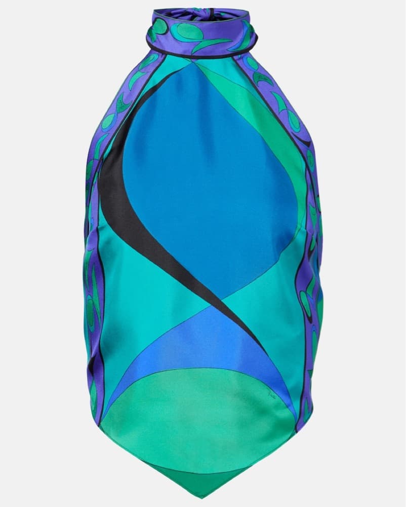 Pucci Open Back Silk Halter Top - Blue - Image 1