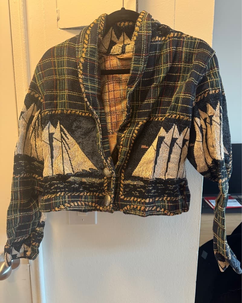 Patterned Plaid Jacket with Sailing Graphic - Image 1