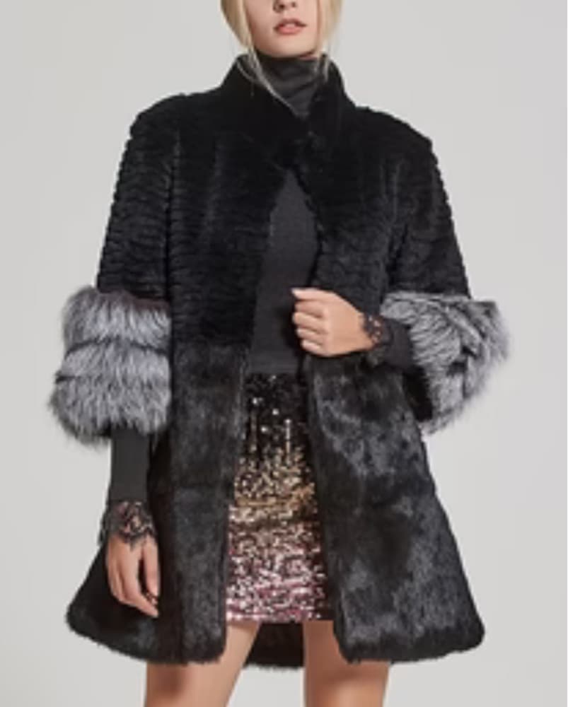 Black And Grey Rabbit And Fox Fur Coat - Image 2