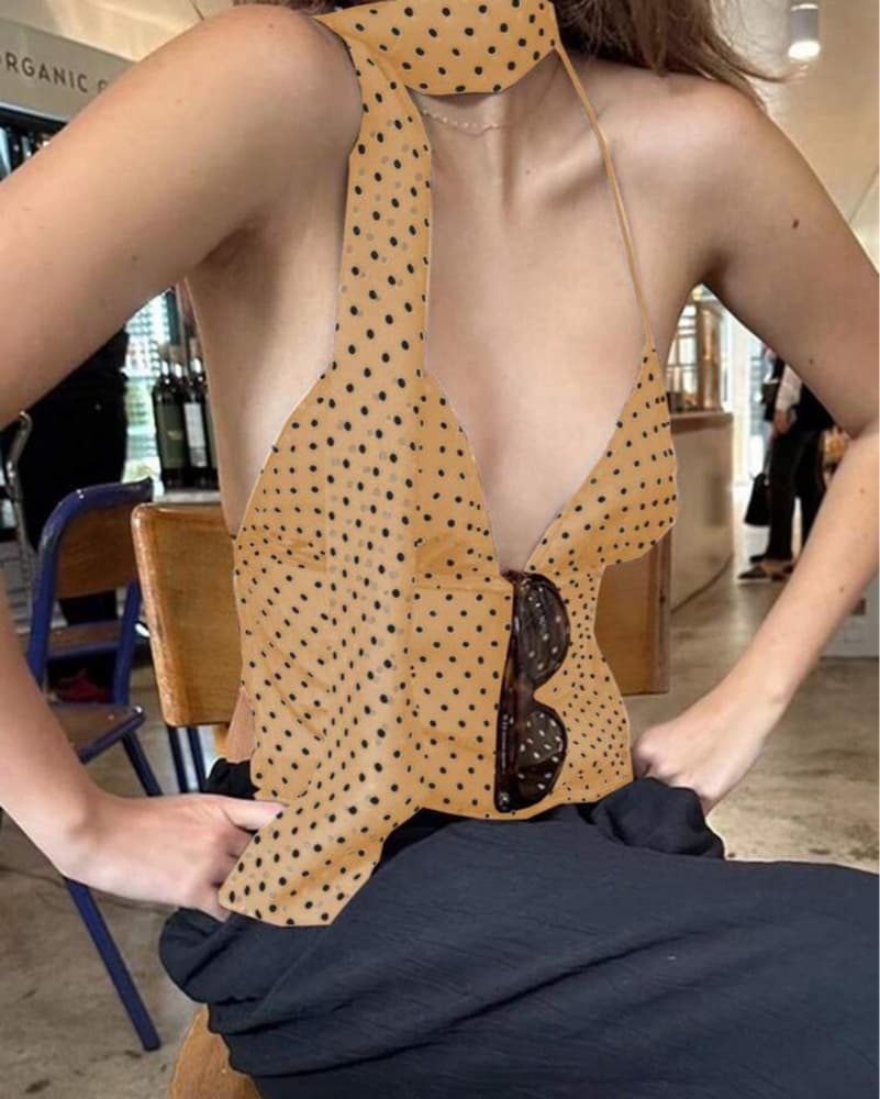 Brown Backless Halter Top With Neck Tie - Image 1