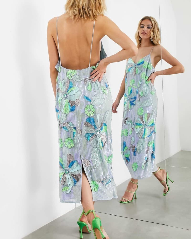 Floral Embellished Midi Dress Blue - Image 4