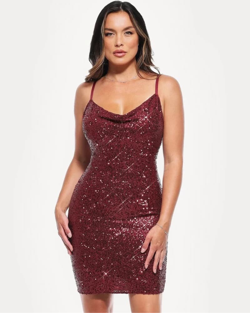 Wine Sequin Cowl Neck Mini Dress XS - Image 6