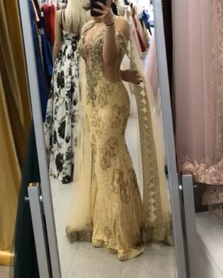 Gold beaded formal dress with cape - Image 4