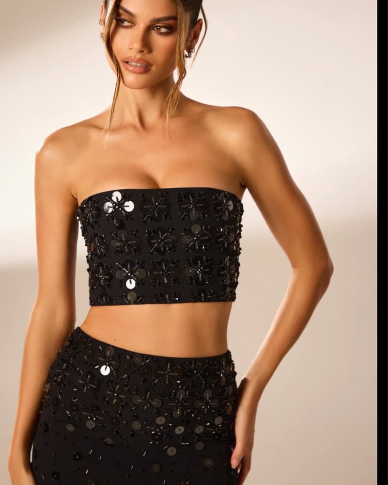 Black Sequin Crop Top And Skirt Set - Image 2