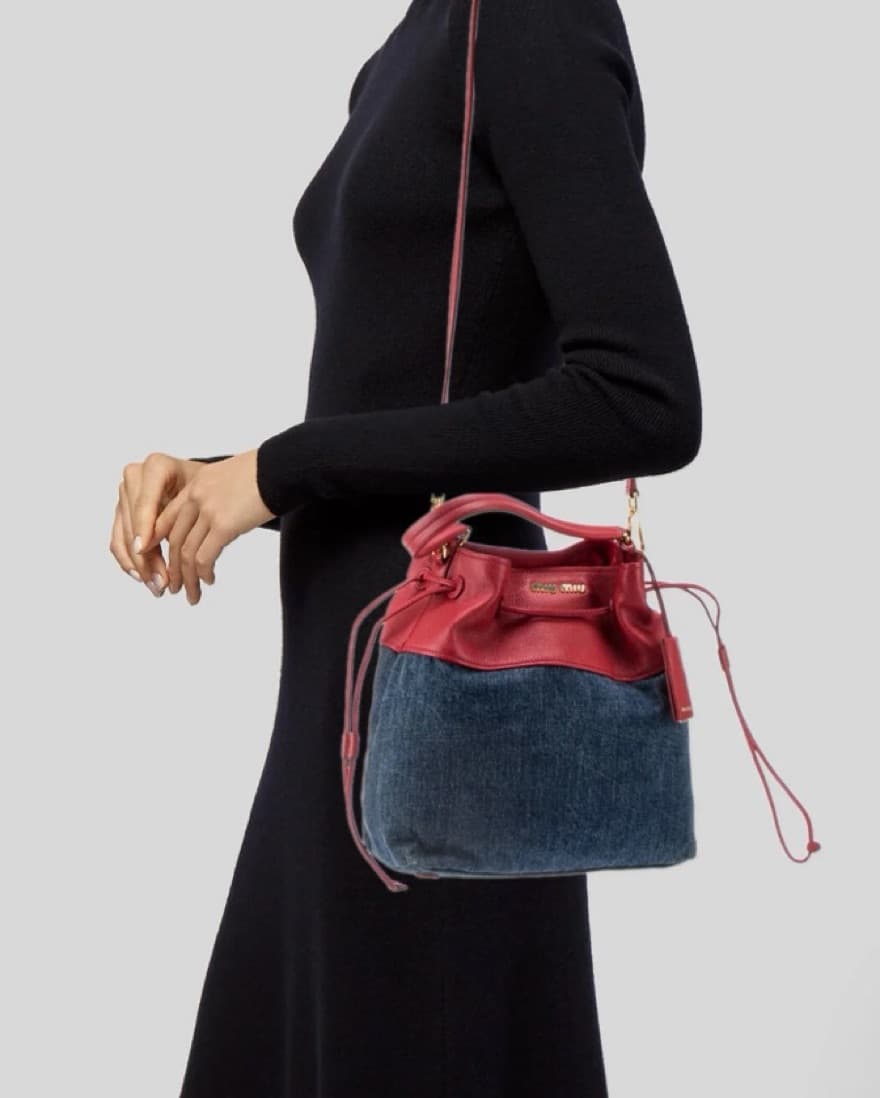 Miu Miu Red Leather/Denim Bucket Bag - Image 3