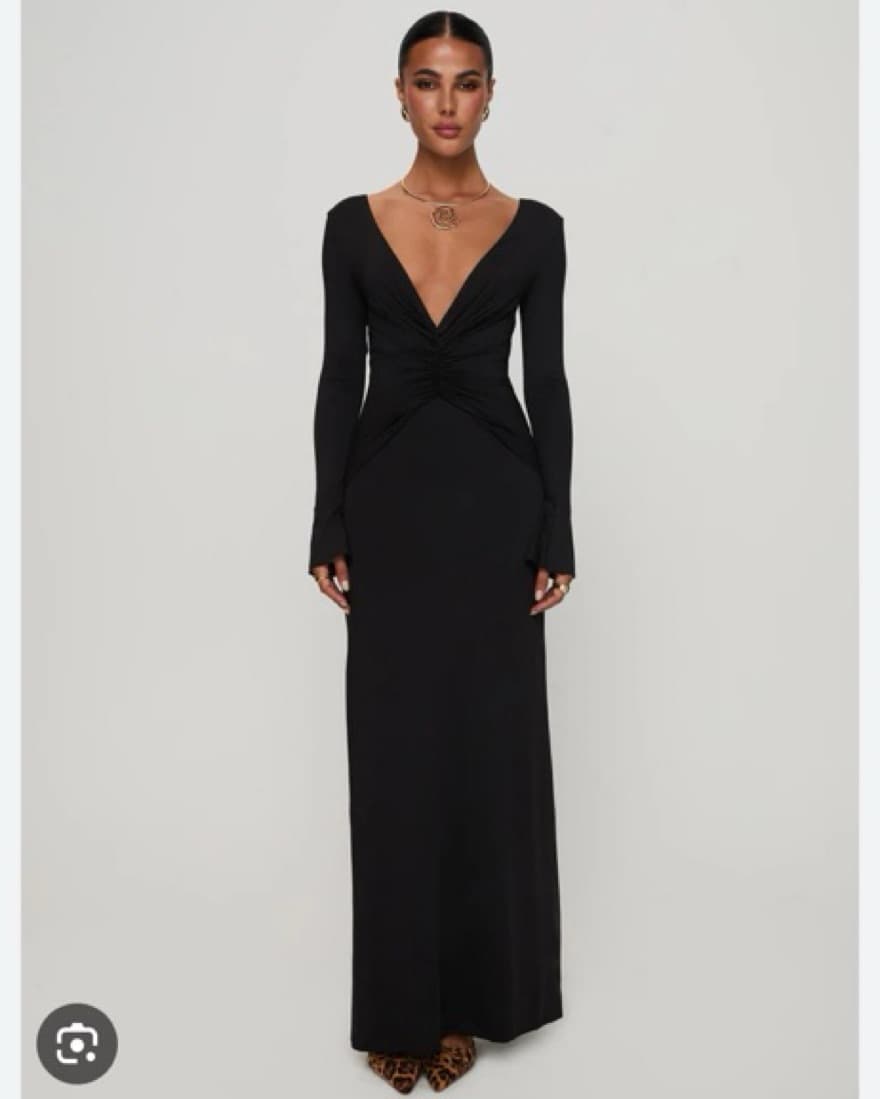 Black Plunge Neck Long Sleeve Maxi Dress - Image 1