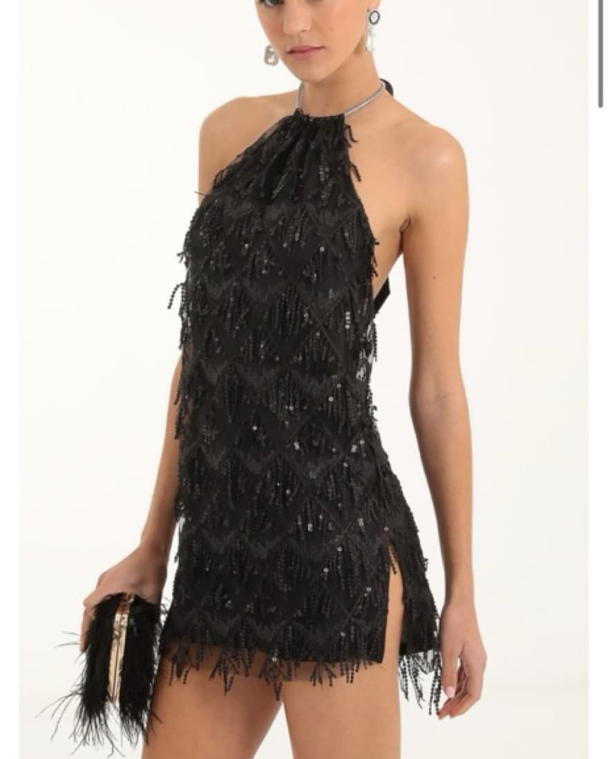 Fringe Sequin Halter Dress In Black - Image 3