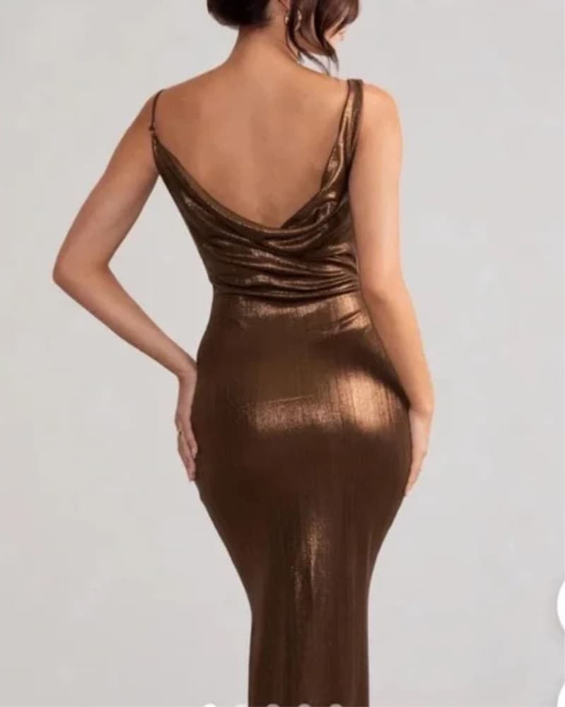 Bronze Shimmer Cut Cowl Front Maxi Dress - Image 2