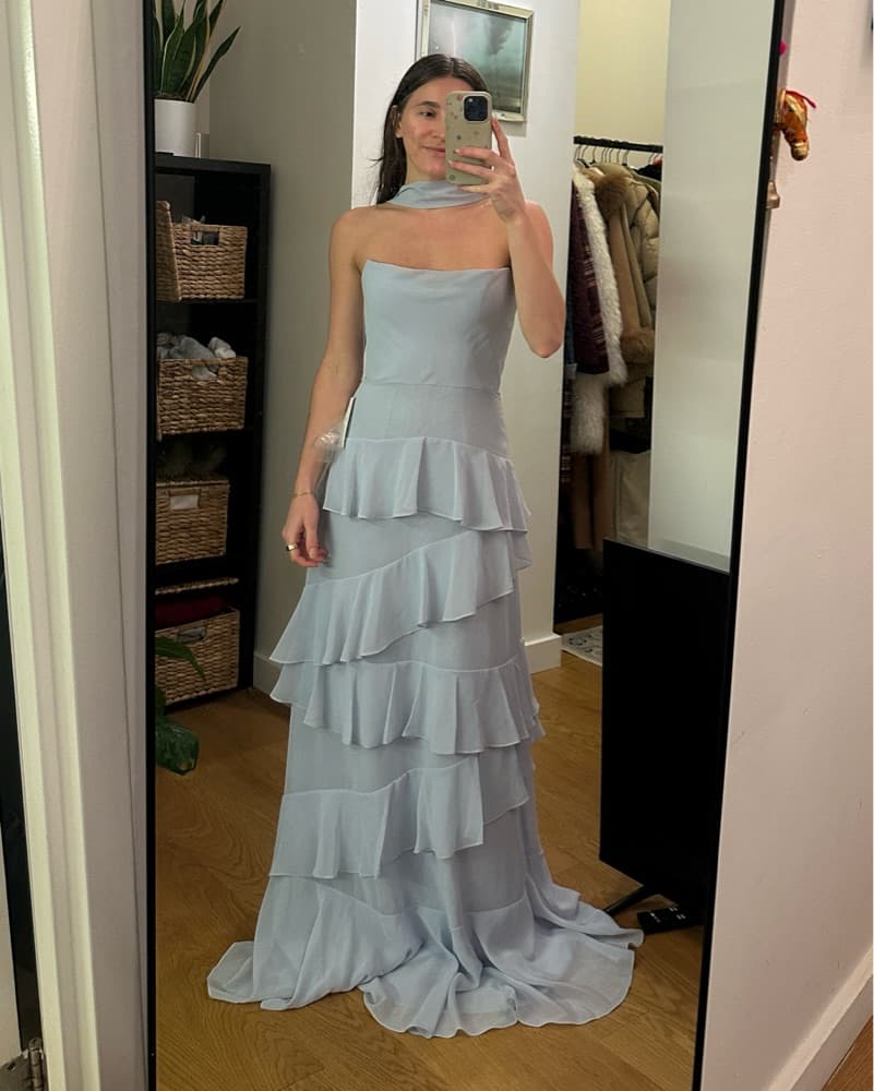Jenny Yoo Scarfed Ruffle Baby Blue Dress - Image 1