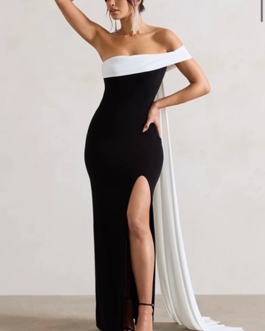 Black And White Bardot Split Maxi Dress  - Image 1