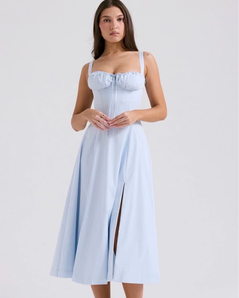 Elegant Powder Blue Midi Dress Corset - Image 1