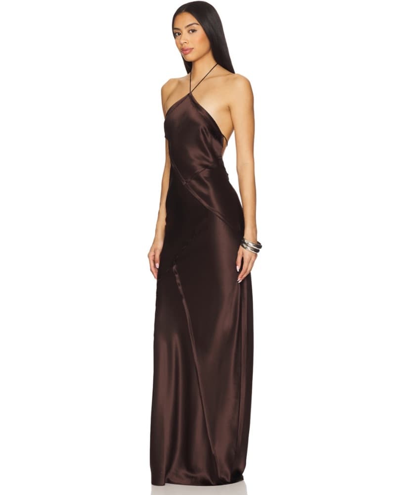 Chocolate Brown Halter Neck Satin Gown - Image 2