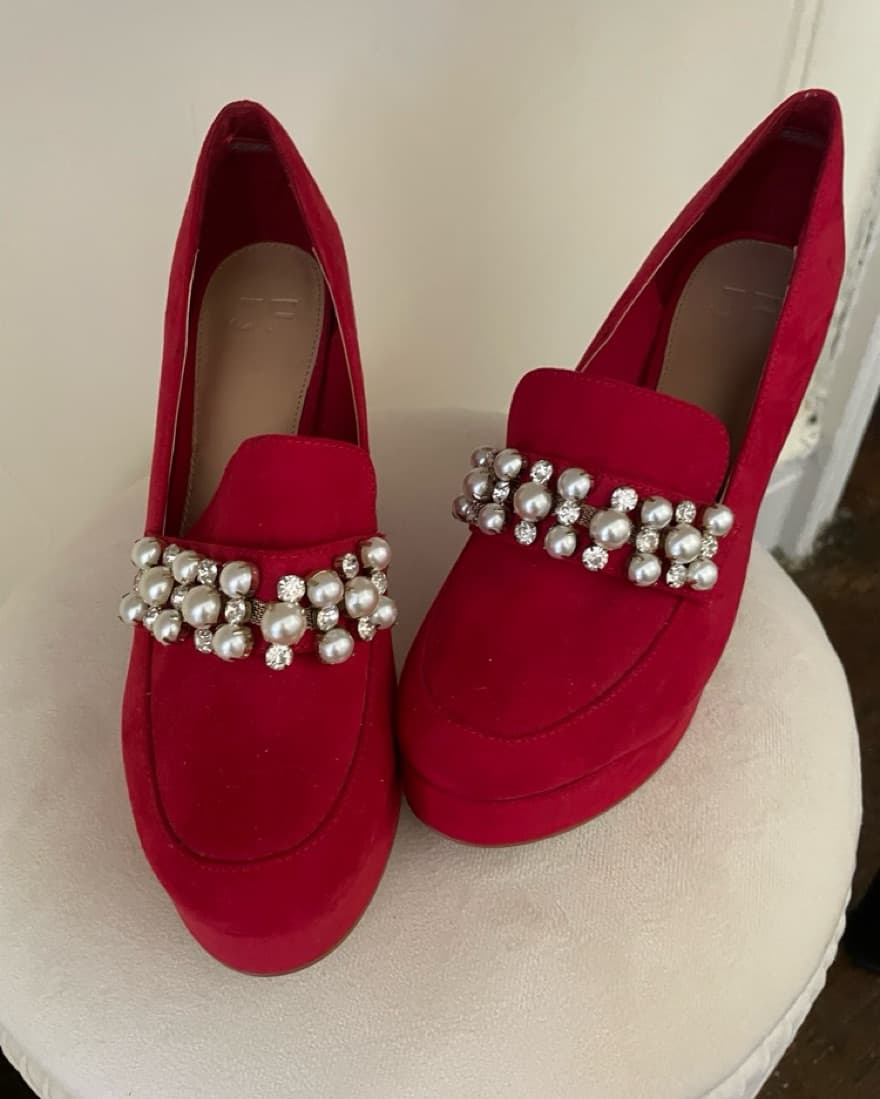 Radiant Red Velvet Embellished Pumps - Image 5