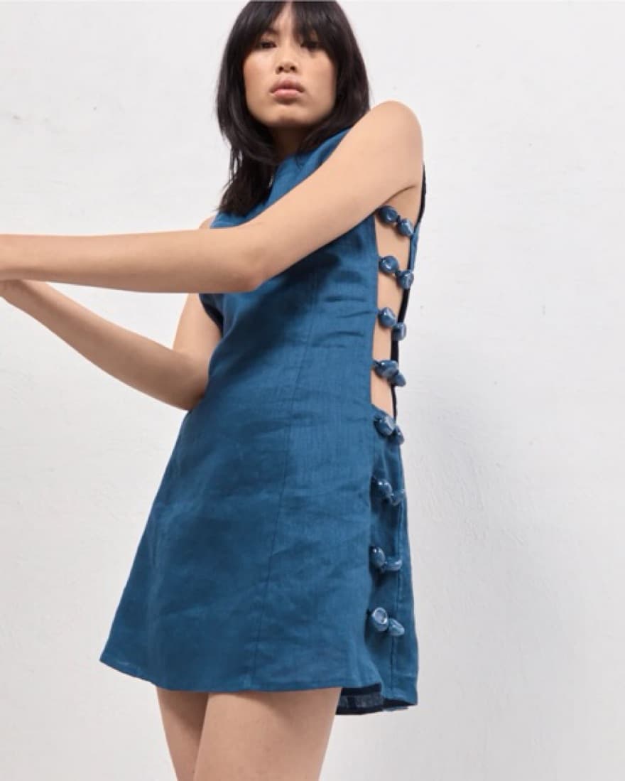 VRG GRL Tia Linen Mini Dress Navy - Image 1
