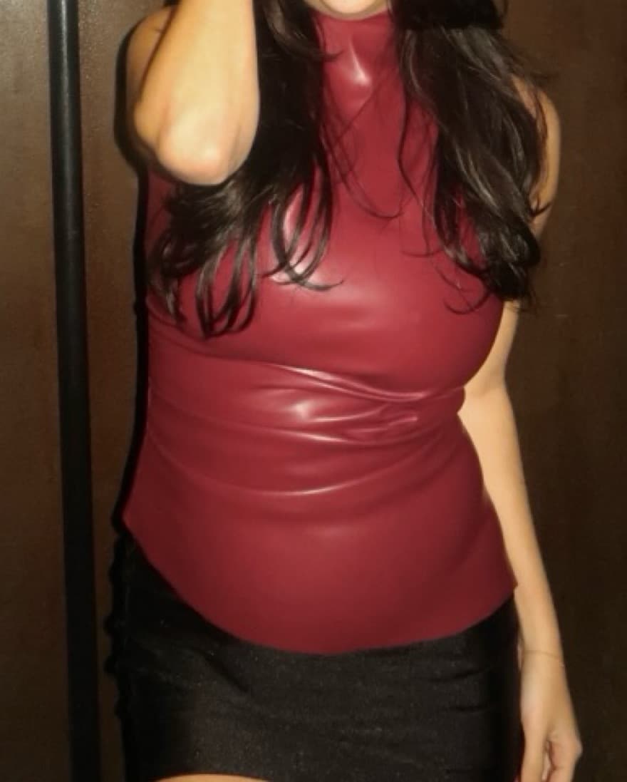 Asymmetric Faux Leather Red Top - Image 3