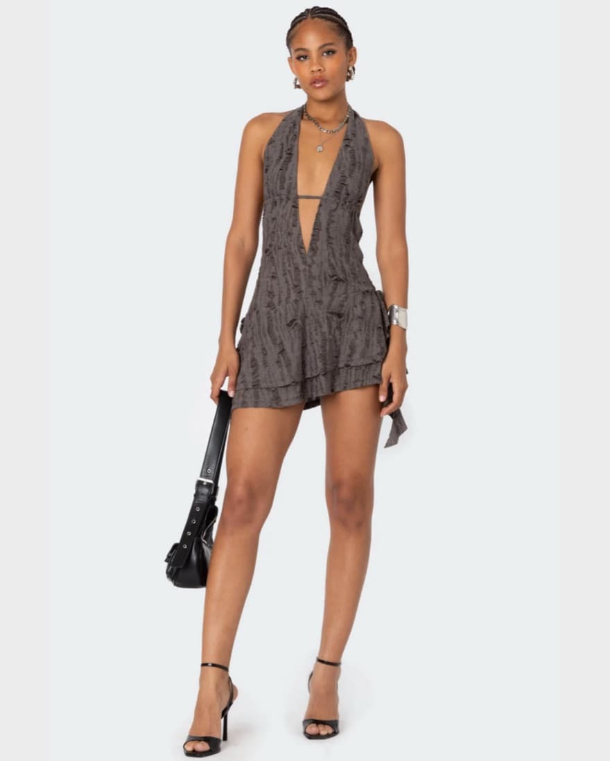 Shredded Halter Backless Mini Dress - Image 1