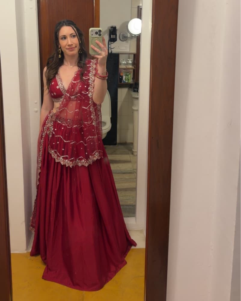 Red Embroidered Crepe Silk Lehenga - Image 4