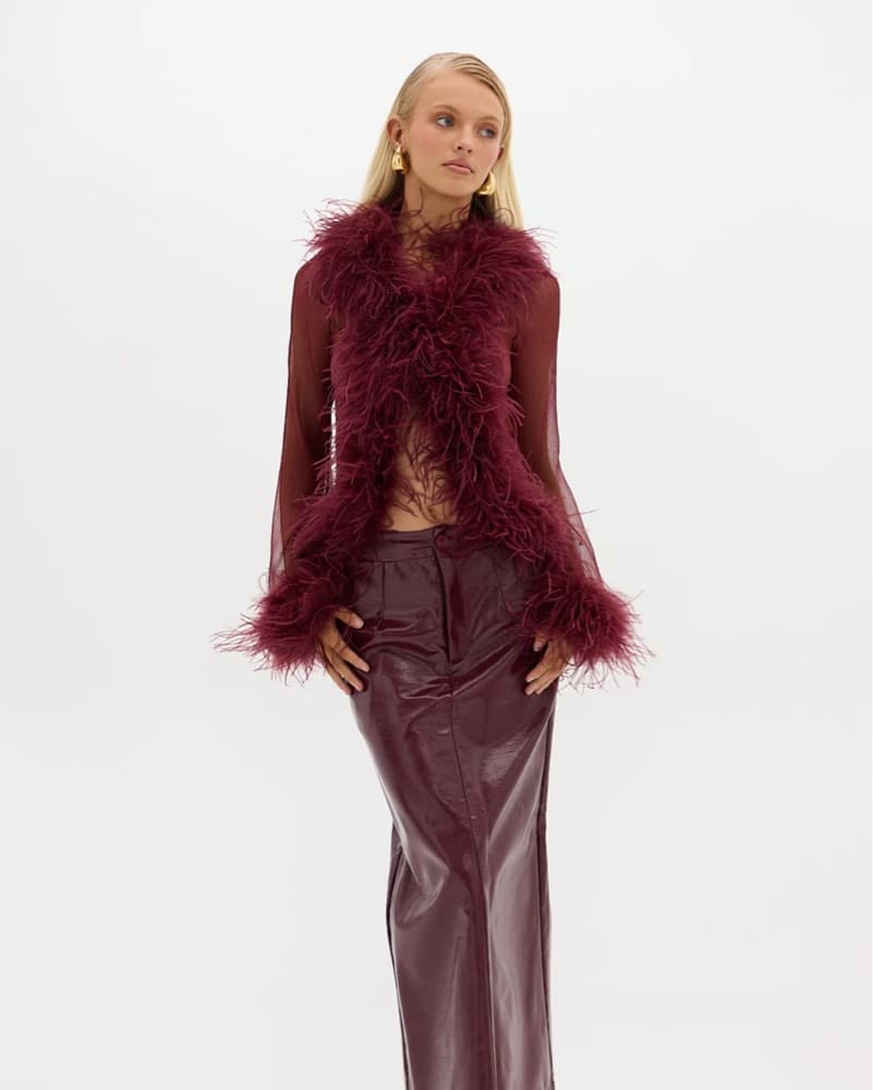Gigi Sheer Feather Blouse Cherry - S - Image 1