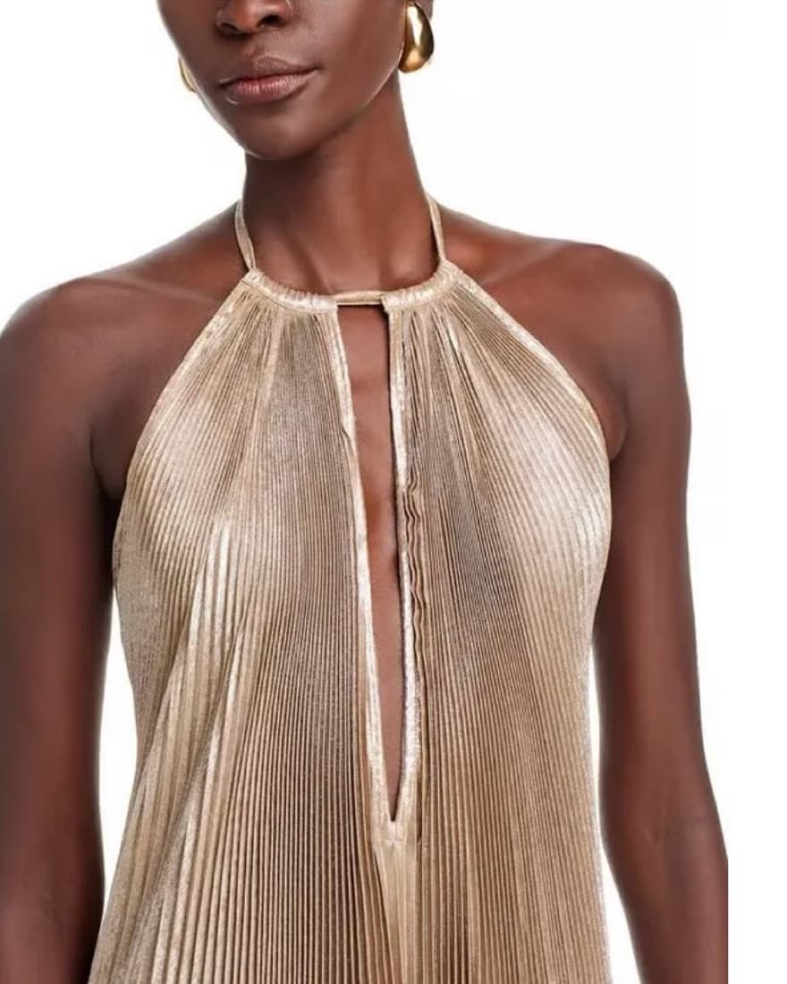 L’IDEE Gold Pleated Halter Gown - Image 2